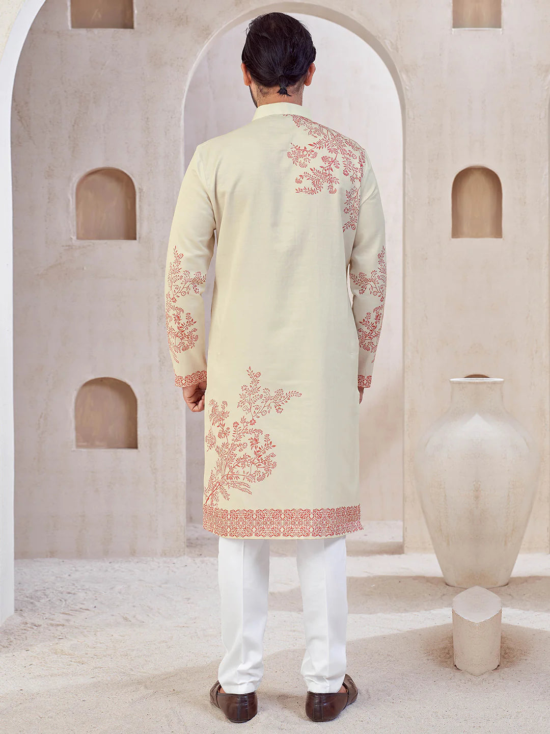 Ivory Floral Printed Cotton Silk Kurta - Festive Wear