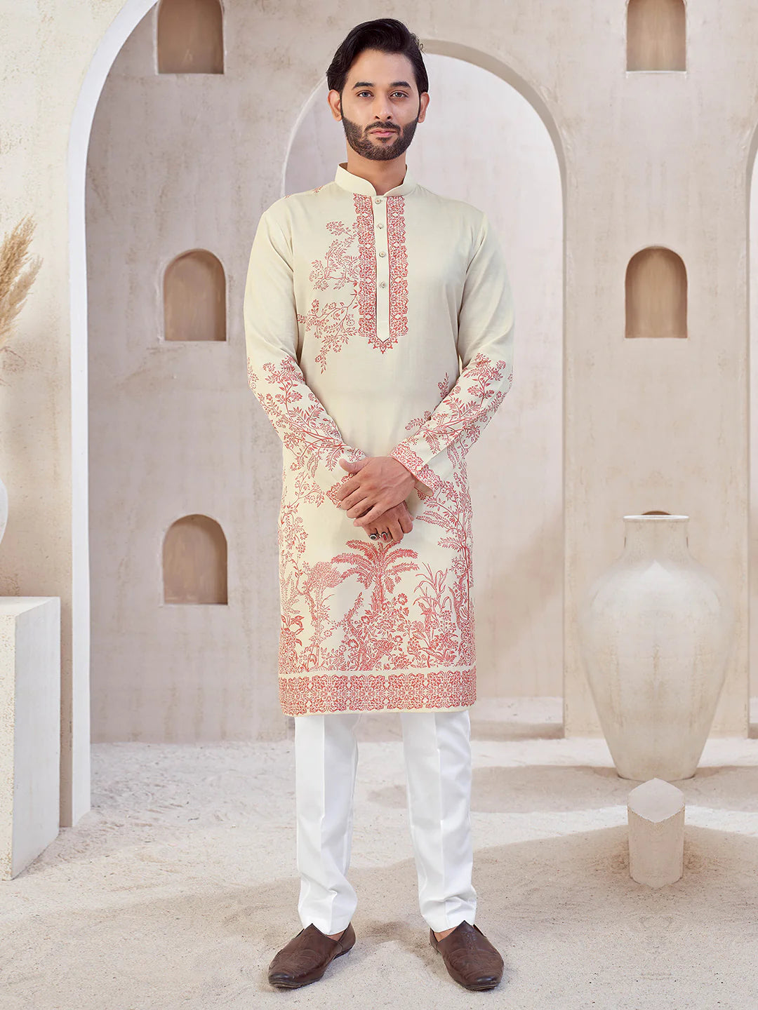Ivory Floral Printed Cotton Silk Kurta - Festive Wear