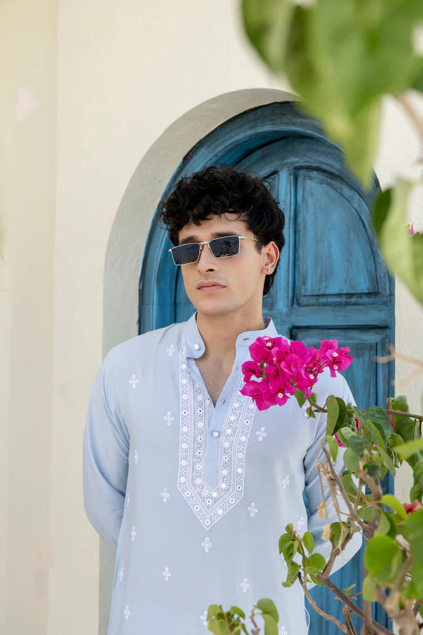 Men's Luxury Light Blue Embroidered Ethnic Kurta