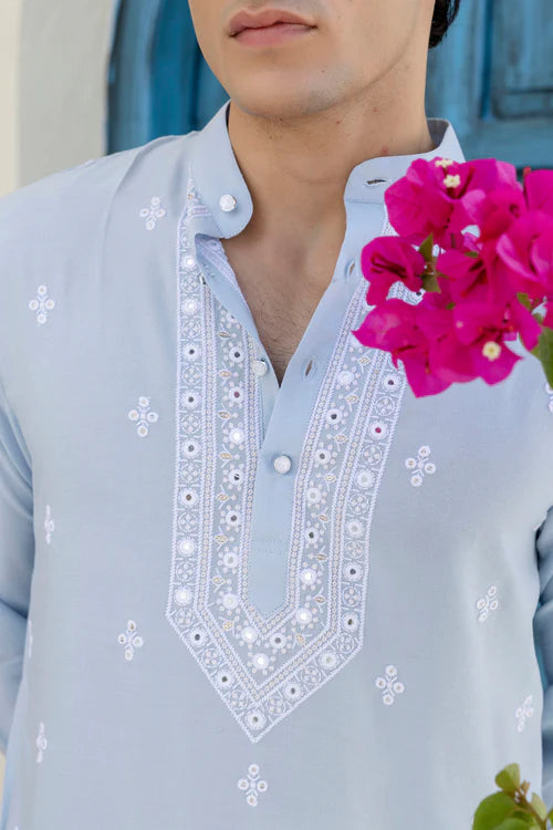Men's Luxury Light Blue Embroidered Ethnic Kurta