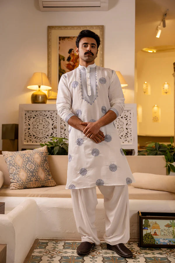 White embroidered men’s kurta - with elegant blue traditional detailing