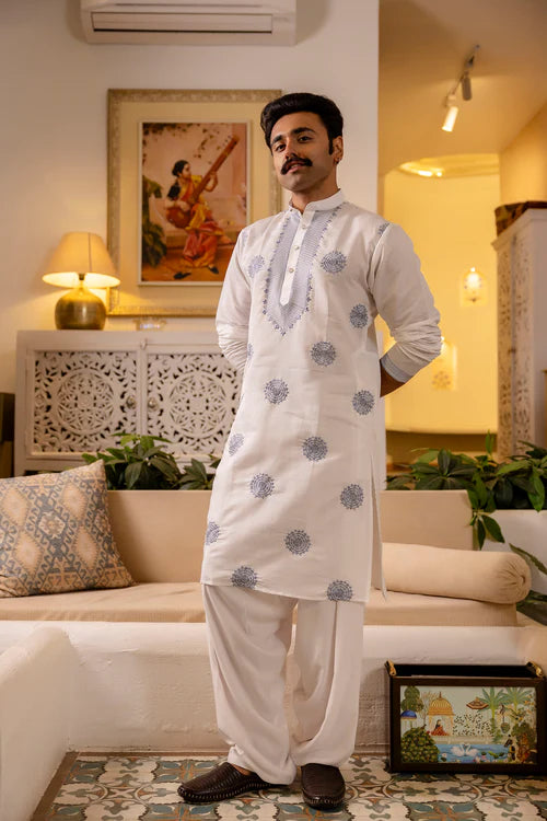 White embroidered men’s kurta - with elegant blue traditional detailing