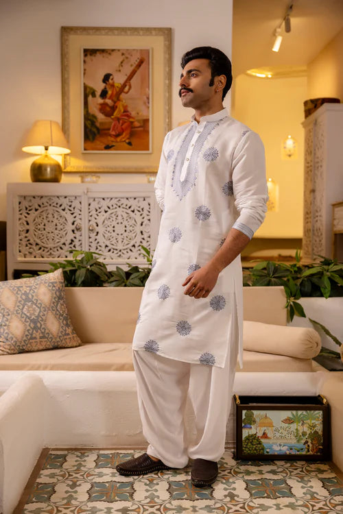 White embroidered men’s kurta - with elegant blue traditional detailing