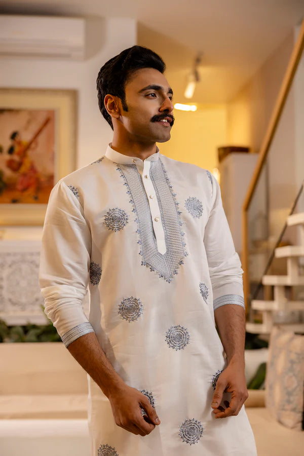 White embroidered men’s kurta - with elegant blue traditional detailing