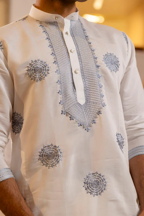 White embroidered men’s kurta - with elegant blue traditional detailing