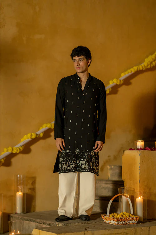 Men’s Black Embroidered Festive Kurta with Traditional Motif Border - Premium