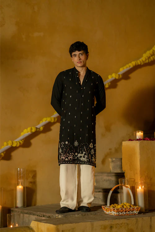 Men’s Black Embroidered Festive Kurta with Traditional Motif Border - Premium