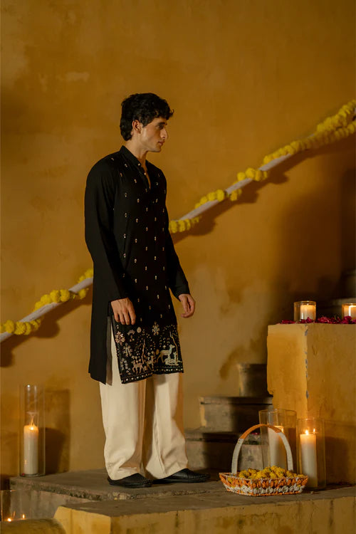 Men’s Black Embroidered Festive Kurta with Traditional Motif Border - Premium