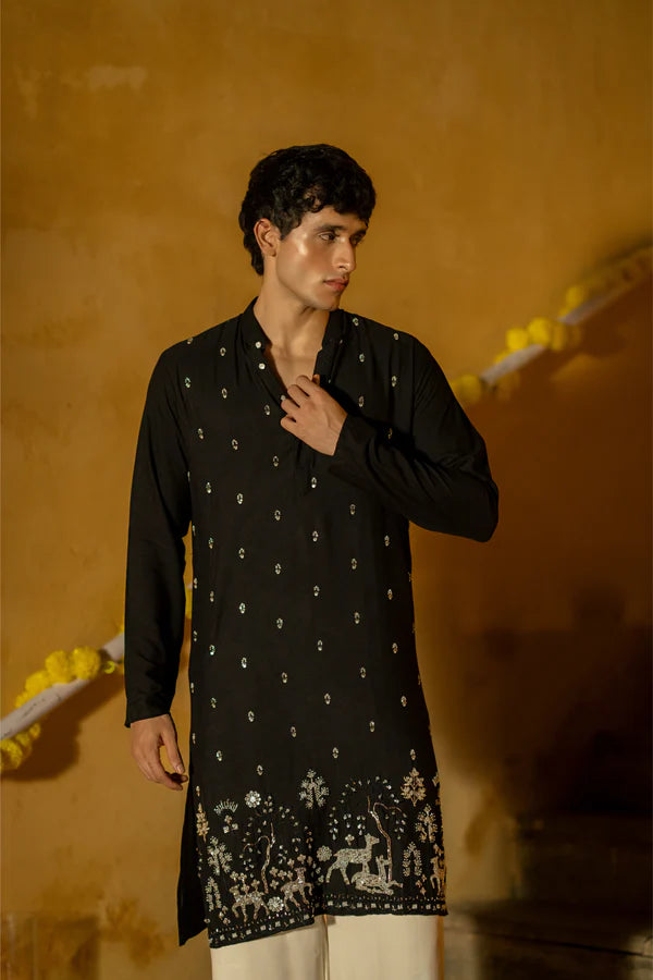 Men’s Black Embroidered Festive Kurta with Traditional Motif Border - Premium