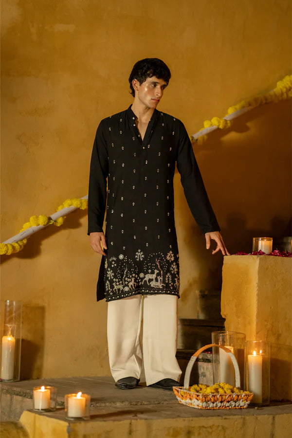 Men’s Black Embroidered Festive Kurta with Traditional Motif Border - Premium