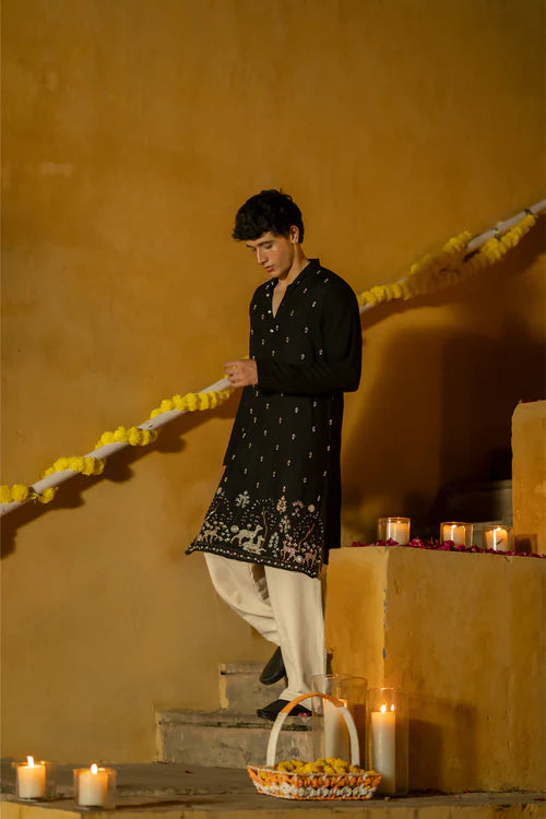Men’s Black Embroidered Festive Kurta with Traditional Motif Border - Premium
