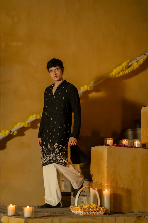 Men’s Black Embroidered Festive Kurta with Traditional Motif Border - Premium