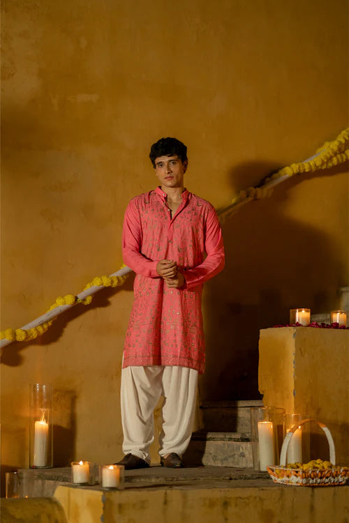 Men's Regal Pink Embroidered Kurta - for Royal Occasions