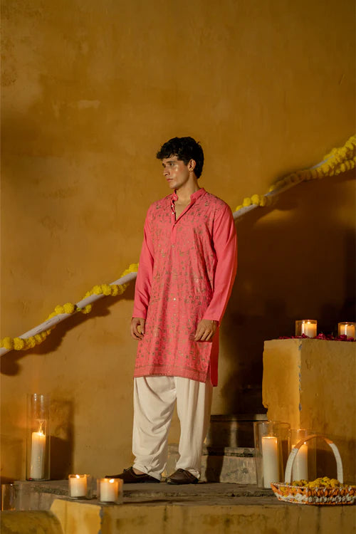 Men's Regal Pink Embroidered Kurta - for Royal Occasions