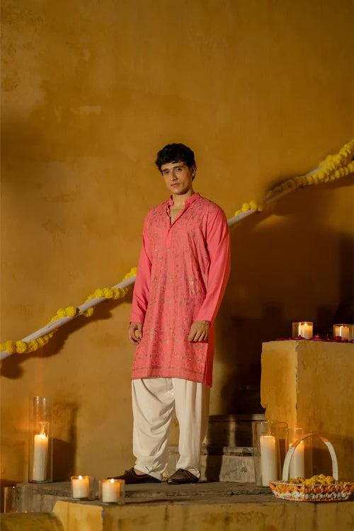 Men's Regal Pink Embroidered Kurta - for Royal Occasions