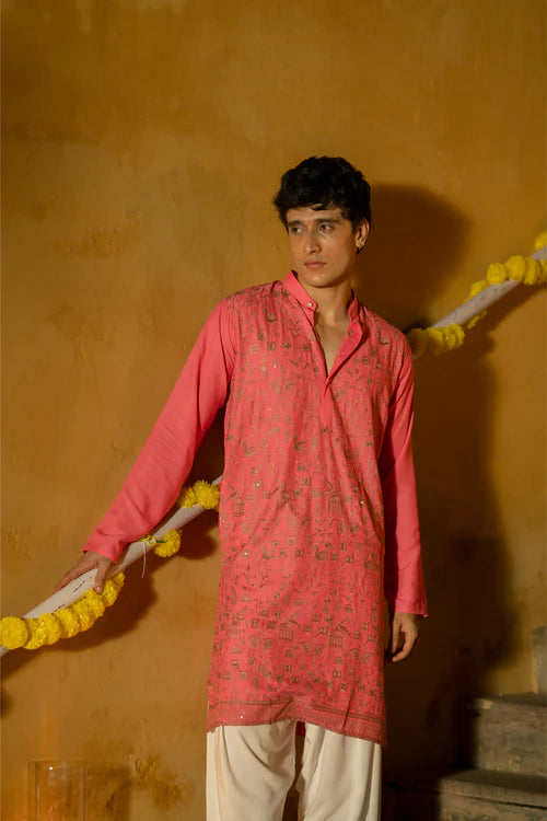 Men's Regal Pink Embroidered Kurta - for Royal Occasions