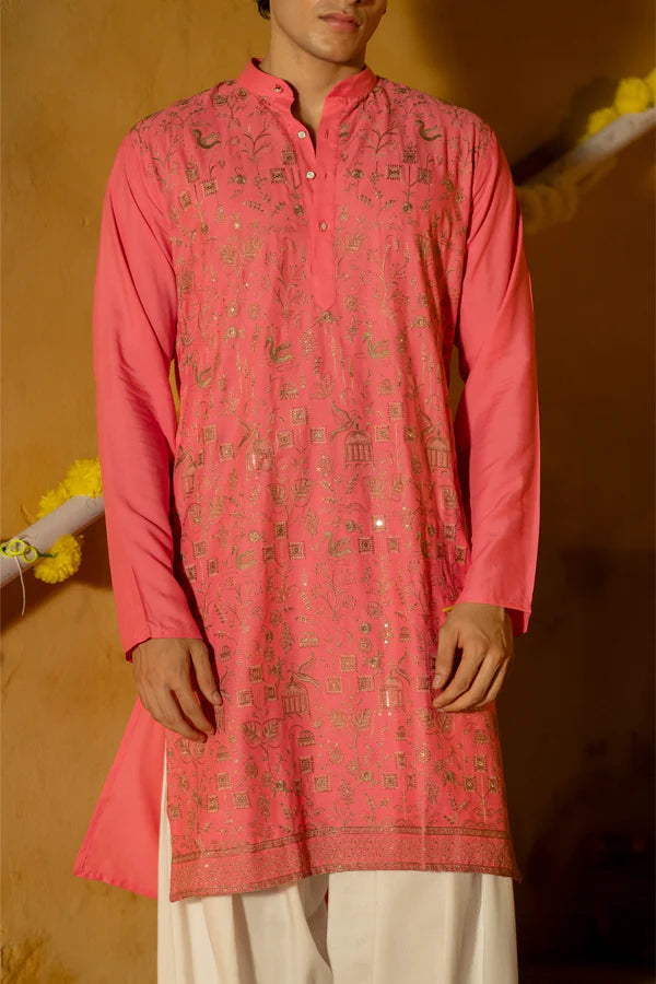 Men's Regal Pink Embroidered Kurta - for Royal Occasions