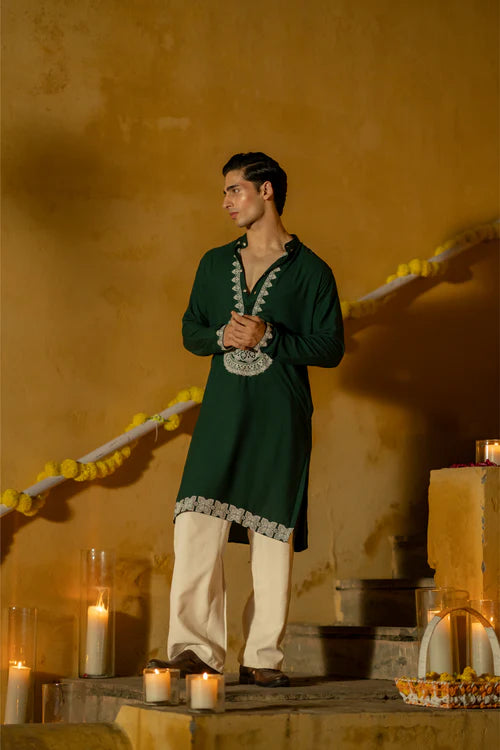 Men's Regal Green Embroidered Festive Kurta - Premium wear