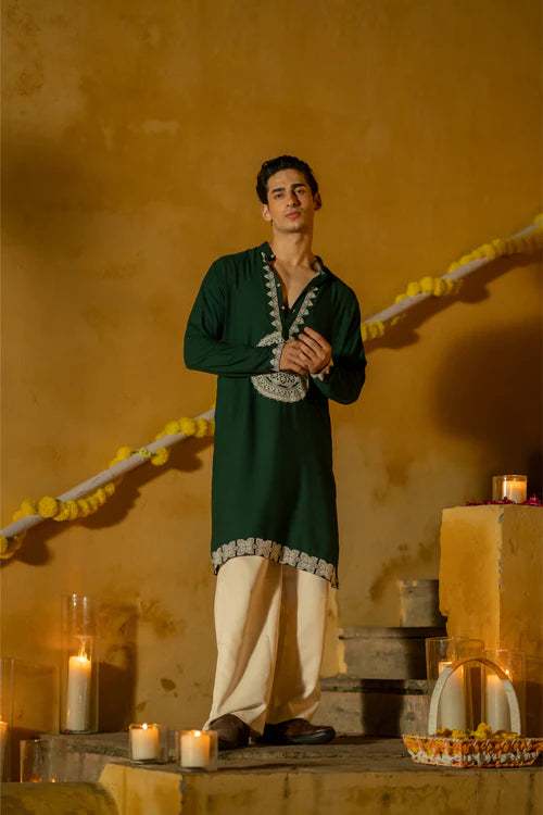 Men's Regal Green Embroidered Festive Kurta - Premium wear
