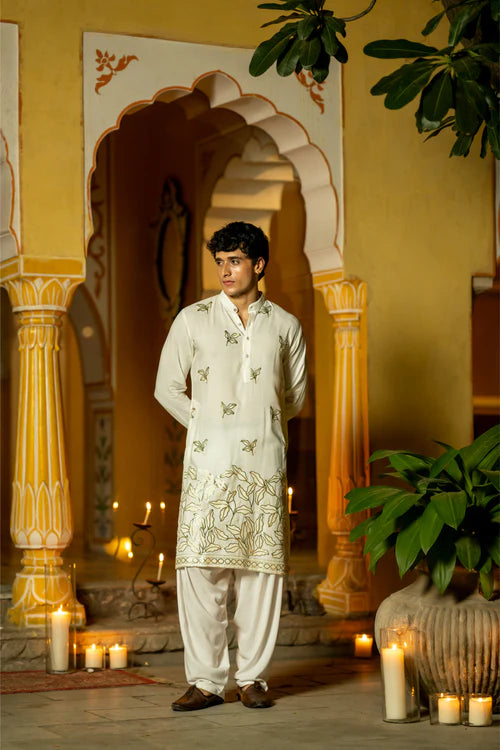 Ivory Designer Men's Kurta with Premium Embroidery - Luxury wear