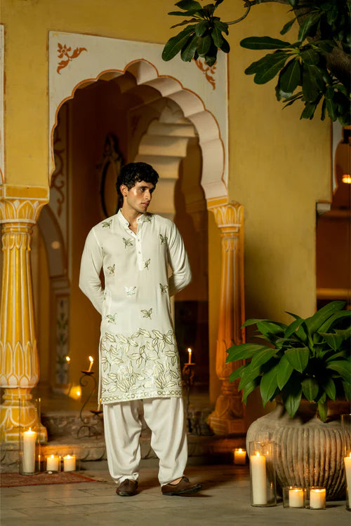 Ivory Designer Men's Kurta with Premium Embroidery - Luxury wear
