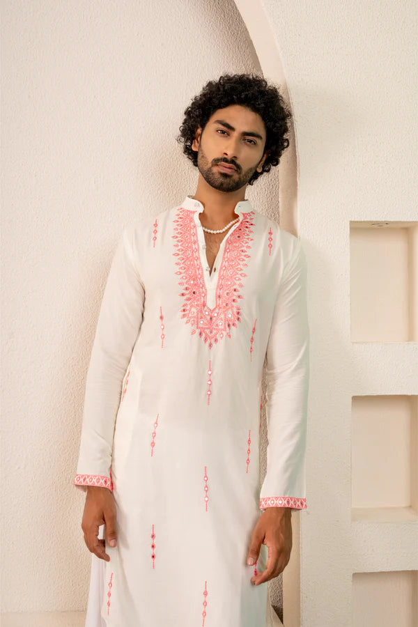 Men's Premium White Kurta with Pink Embroidery Work - Festive wear