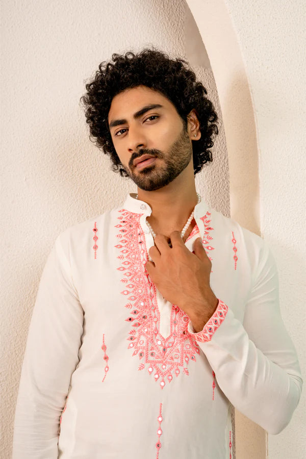 Men's Premium White Kurta with Pink Embroidery Work - Festive wear