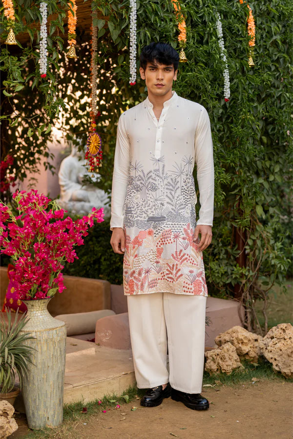 Premium Ivory Men's Kurta with Multicolor Thread Embroidery