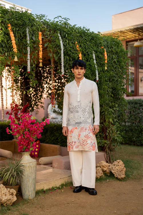 Premium Ivory Men's Kurta with Multicolor Thread Embroidery