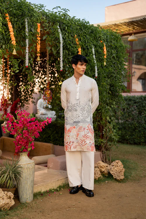Premium Ivory Men's Kurta with Multicolor Thread Embroidery