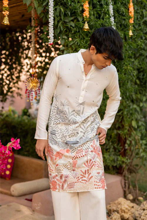 Premium Ivory Men's Kurta with Multicolor Thread Embroidery