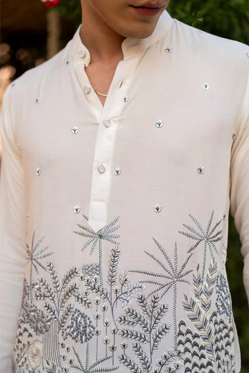 Premium Ivory Men's Kurta with Multicolor Thread Embroidery