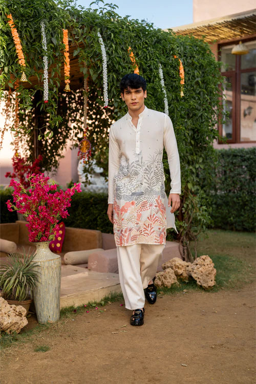 Premium Ivory Men's Kurta with Multicolor Thread Embroidery