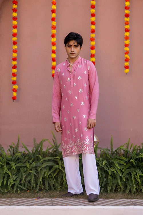 Men’s Pink Embroidered Festive Kurta – Premium Wear