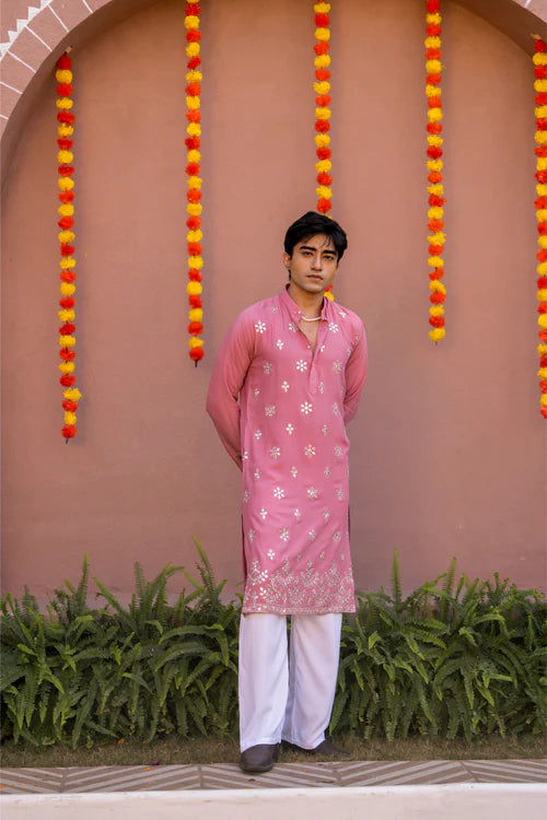 Men’s Pink Embroidered Festive Kurta – Premium Wear