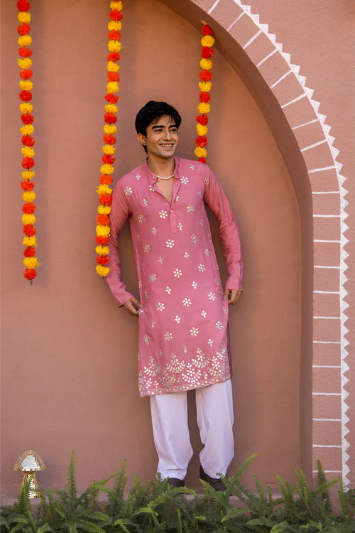 Men’s Pink Embroidered Festive Kurta – Premium Wear