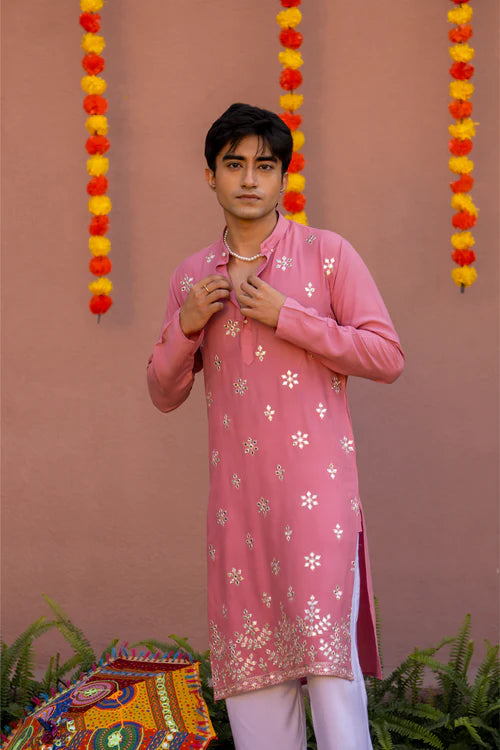 Men’s Pink Embroidered Festive Kurta – Premium Wear