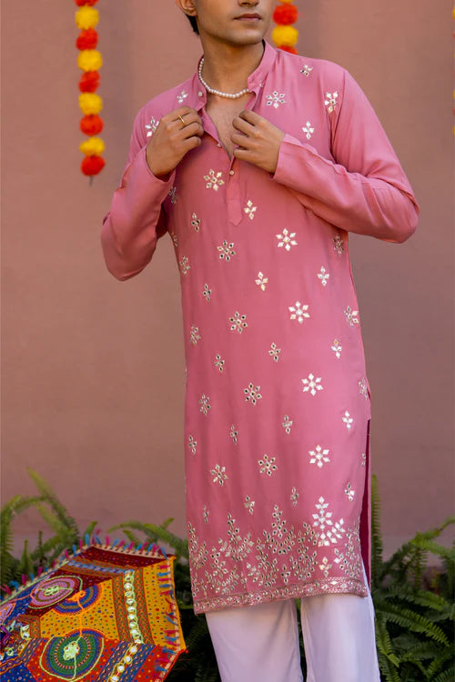 Men’s Pink Embroidered Festive Kurta – Premium Wear