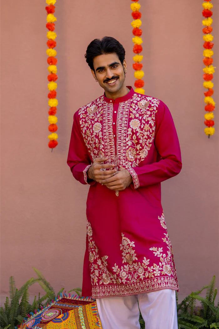 Luxury Rose Pink Embroidered Men’s Wedding Kurta - Premium