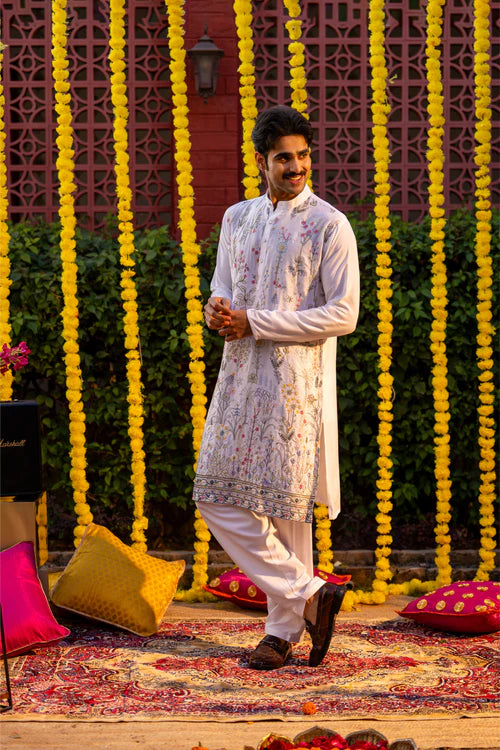 Royal White Floral Embroidery Men’s Festive Kurta - Ethnic