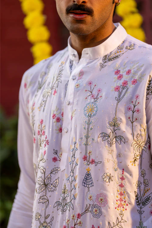 Royal White Floral Embroidery Men’s Festive Kurta - Ethnic