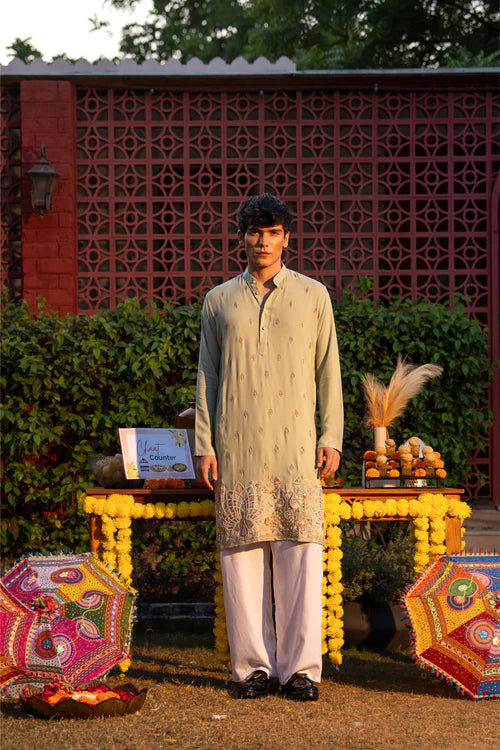 Ethnic Olive Green Embroidered Men’s Kurta - Luxury