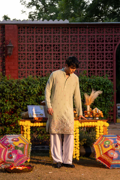 Ethnic Olive Green Embroidered Men’s Kurta - Luxury