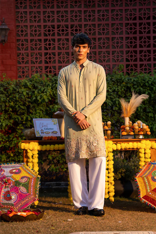 Ethnic Olive Green Embroidered Men’s Kurta - Luxury