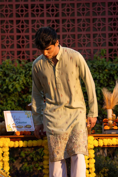 Ethnic Olive Green Embroidered Men’s Kurta - Luxury
