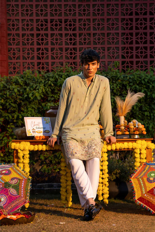 Ethnic Olive Green Embroidered Men’s Kurta - Luxury