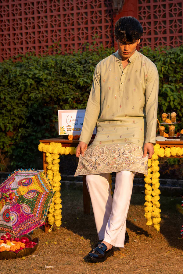 Ethnic Olive Green Embroidered Men’s Kurta - Luxury
