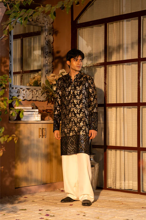 Traditional Black Men's Kurta with Rich Gold Embroidery