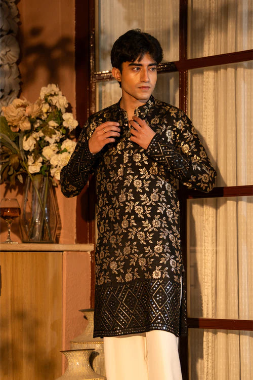 Traditional Black Men's Kurta with Rich Gold Embroidery