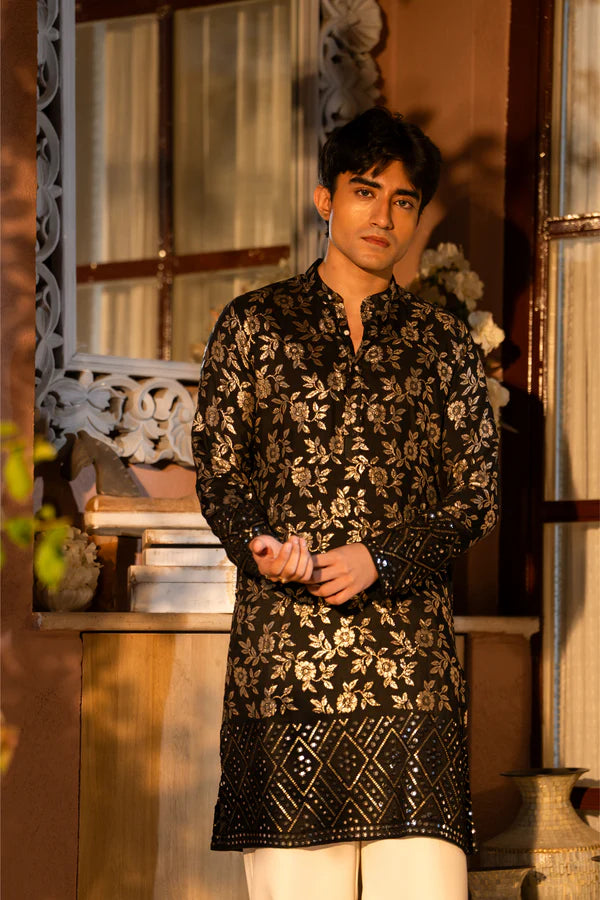 Traditional Black Men's Kurta with Rich Gold Embroidery